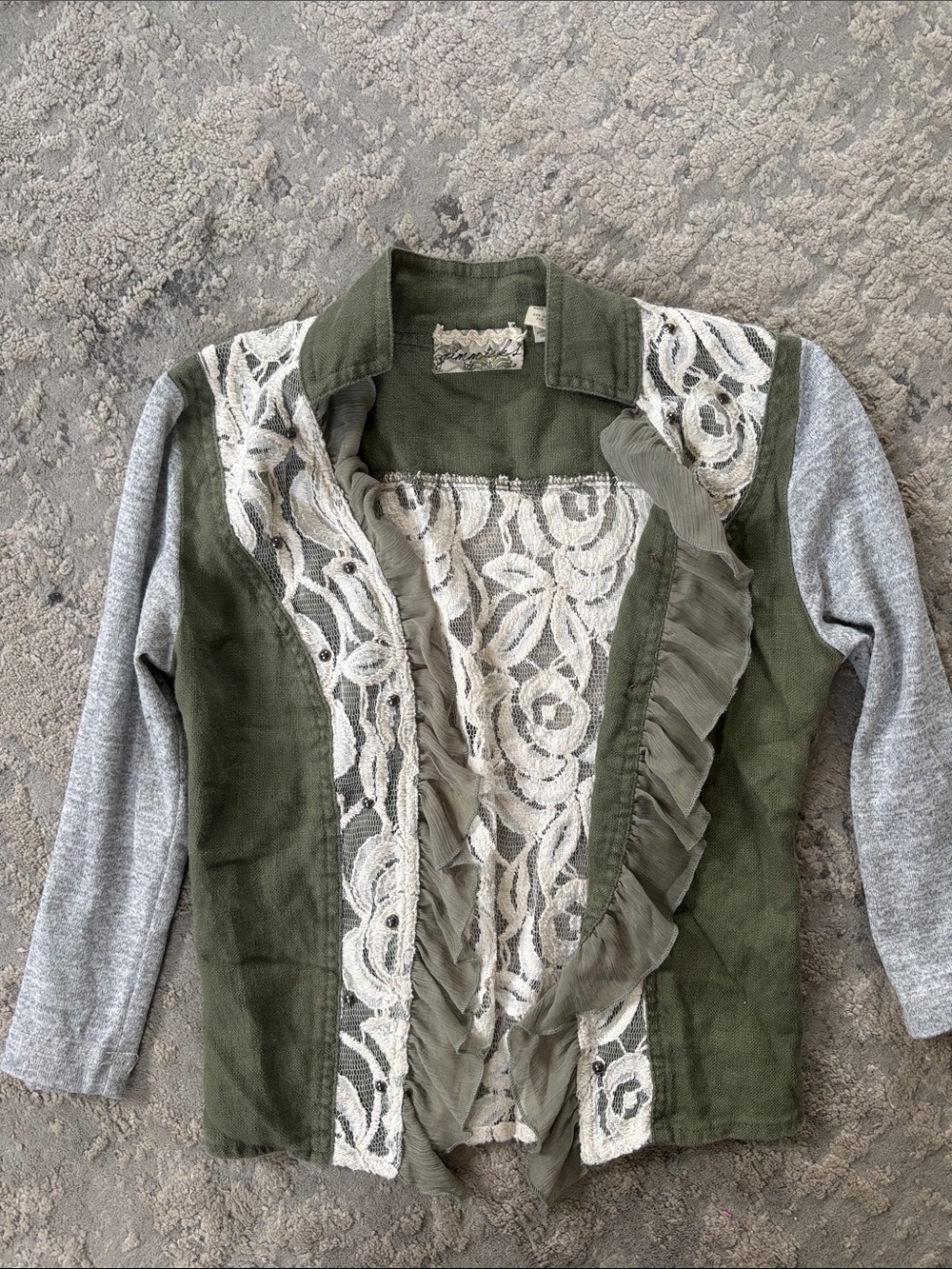 BKE Olive Green Utility Jacket with Gray Sleeves and Cream Lace